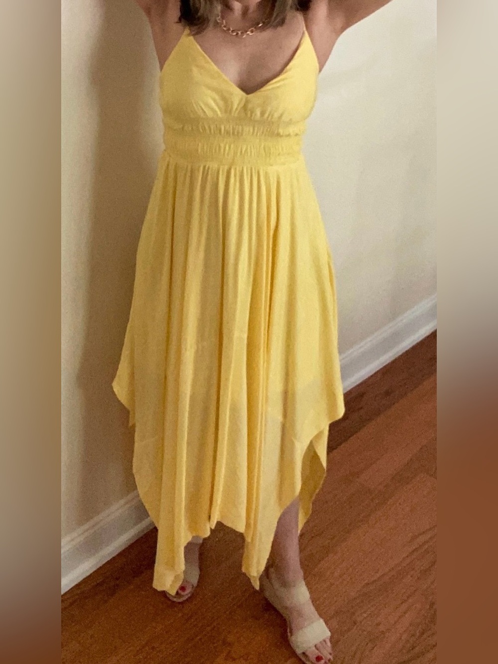 Yellow Spaghetti-Strap Handkerchief Hem Dress